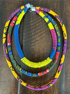 Handmade DRC Fabric Wrapped Statement ThreeStrand Necklace African Artisan Style